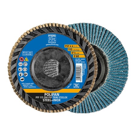 Pferd 4-1/2" x 7/8" A.H. POLIFAN Flap Disc - Z PSF TRIM STEELOX, Zirconia, 60 Grit, Flat 10PK 68099